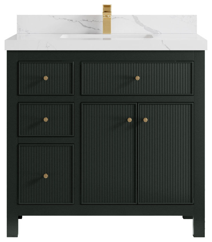 Sonoma 36 Center Sink Reeded Bath Vanity in Dark Forest Green 2" Calacatta Laza