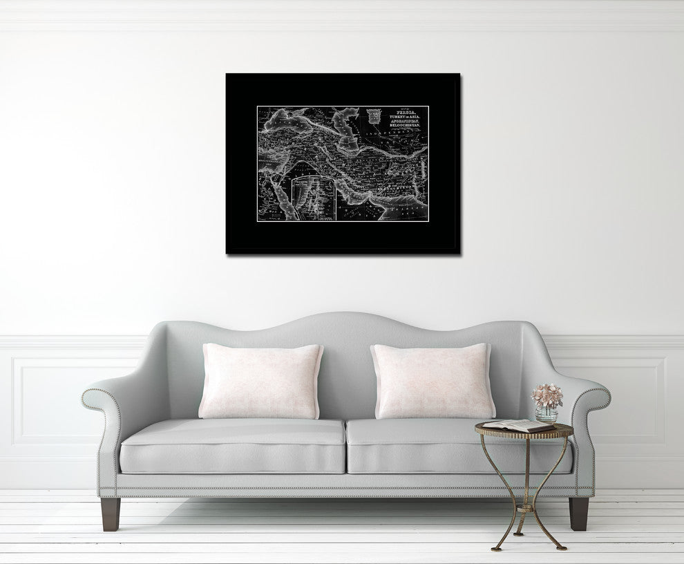 Persia, Iraq, Iran, Afghanistan Monochrome Map On Canvas With Frame, 28" X 37"