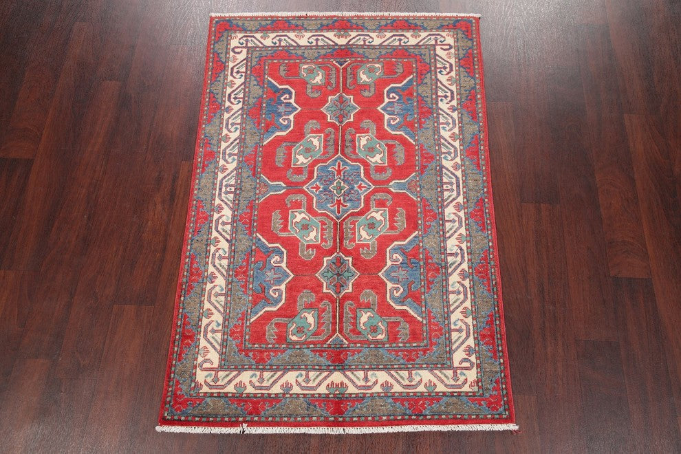 Traditional Pakistani Kazak Wool Hand-Knotted Oriental Area Rug, Red, 4'8"X3'3"