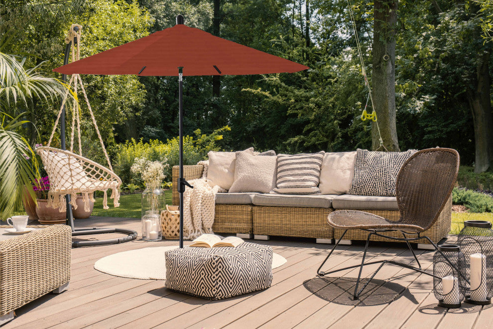 9' Round Push Tilt Market Umbrella, Black Frame, Sunbrella, Terracotta