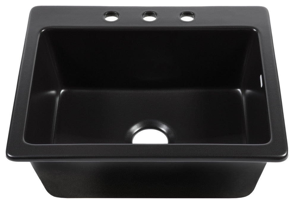 Jackson Matte Black Fireclay 25" Single Bowl Drop-In Kitchen Sink with 3 Holes