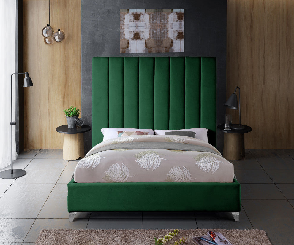 Via Velvet Upholstered Bed, Green, Queen