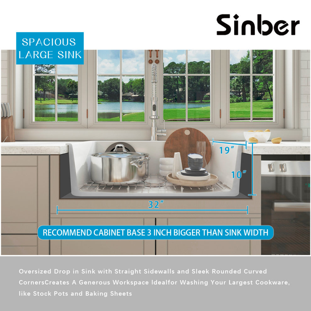 Sinber 32" Drop in Single Bowl Kitchen Sink with Fireclay White Finish
