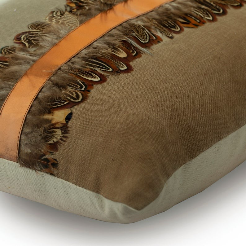Ombre with Feathers Beige Linen 24"x24" Pillow Cover, Feather Friend