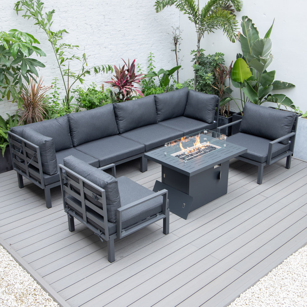 LeisureMod HSFBL-7BL Hamilton 7-Pcs Conversation Set Fire Pit Table&Cushions