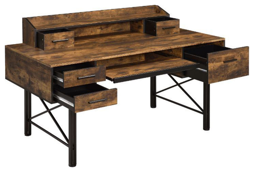 5 Storage Drawers Computer Desk, Weathered Oak and Black