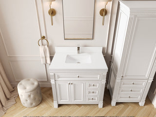 Paris 36" Center Sink Bathroom Vanity, White 2" White Quartz