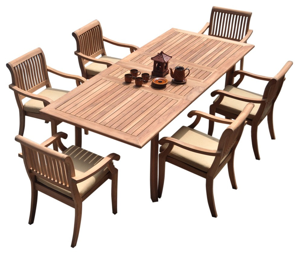 7-Piece Outdoor Teak Dining Set 94" Rectangle Table, 6 Arbor Stacking Arm Chairs