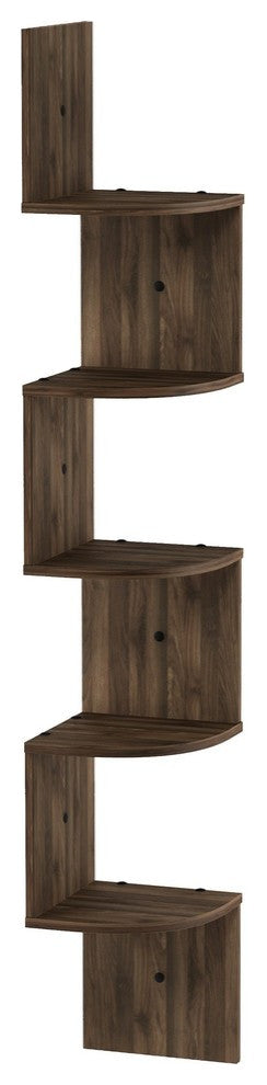 Furinno 5-Tier Wall Mount Floating Radial Corner Shelf, Columbia Walnut