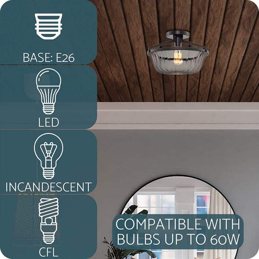 Modern Farmhouse Semi Flush Mount Ceiling Lamp, Black, Glass