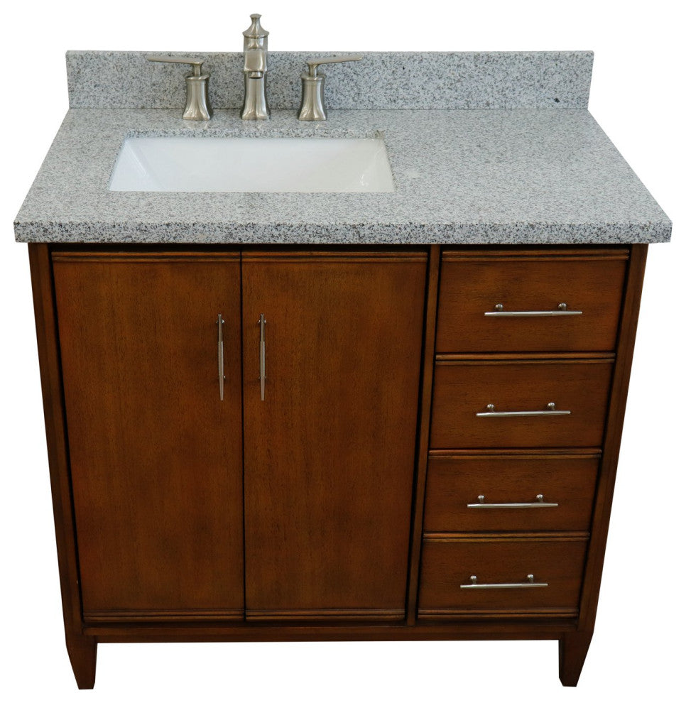 37" Single Vanity, Walnut Finish With Gray Granite
