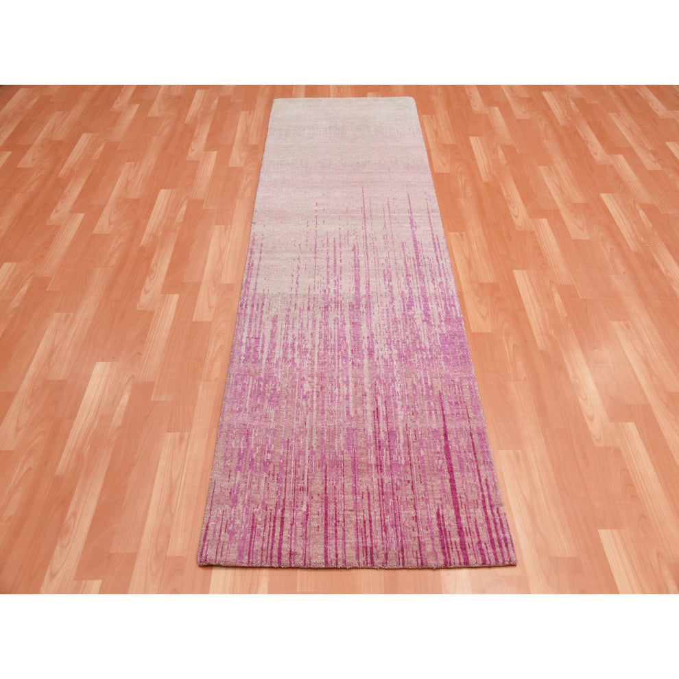 Pink Hand Knotted Vertical Ombre Design Natural Wool Runner Rug, 2'7"x8'4"