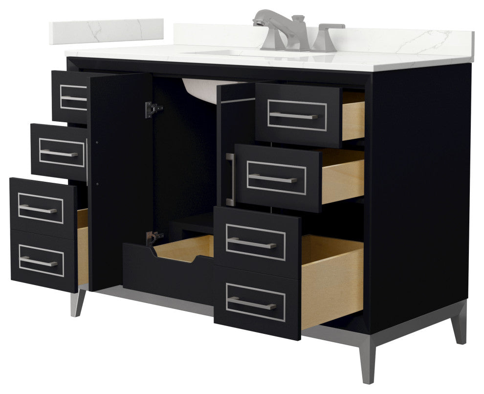 Marlena 48" Black Single Vanity, Quartz Top, 3-Hole, Nickel Trim
