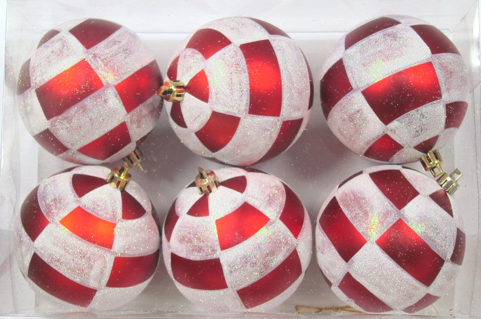 6-Pack Red And White Ball Ornament With Plaid Design