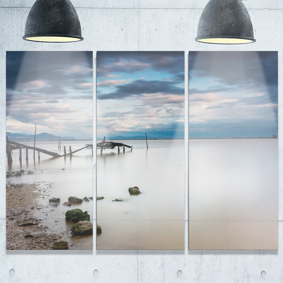 "Magic Sunrise With Old Wooden Pier" Sea Pier Metal Wall Art, 3 Panels, 36"x28"