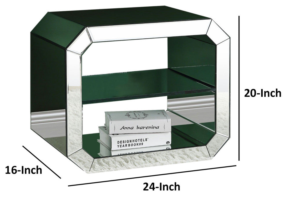 Benzara BM250271 Accent Table With Mirrored Inserts and 1 Glass Shelf, Silver