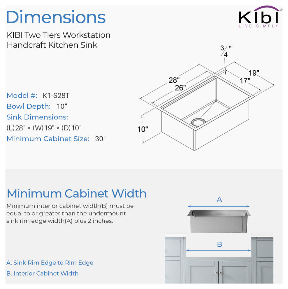 KIBI Undermount Single Bowl Workstation Sink, Stainless Steel 28"