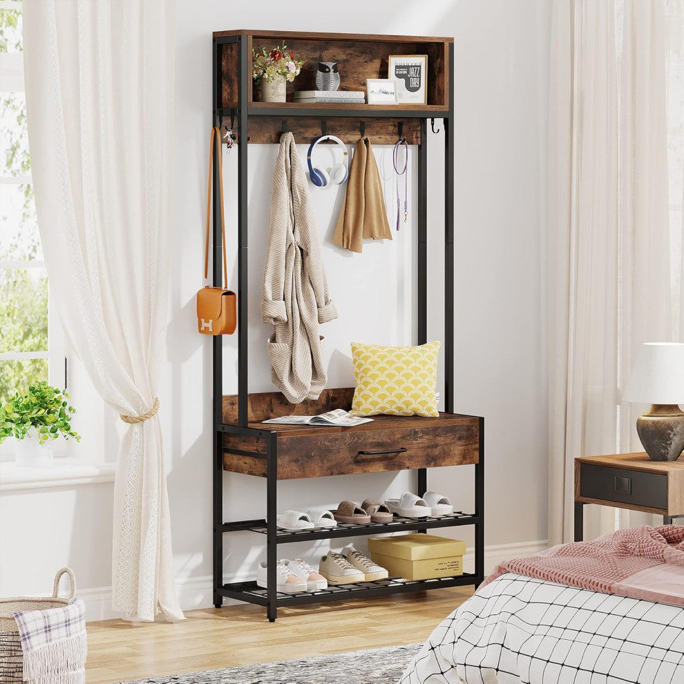 Tribesigns Entryway Hall Tree with Drawer, Vintage Industrial Coat Rack