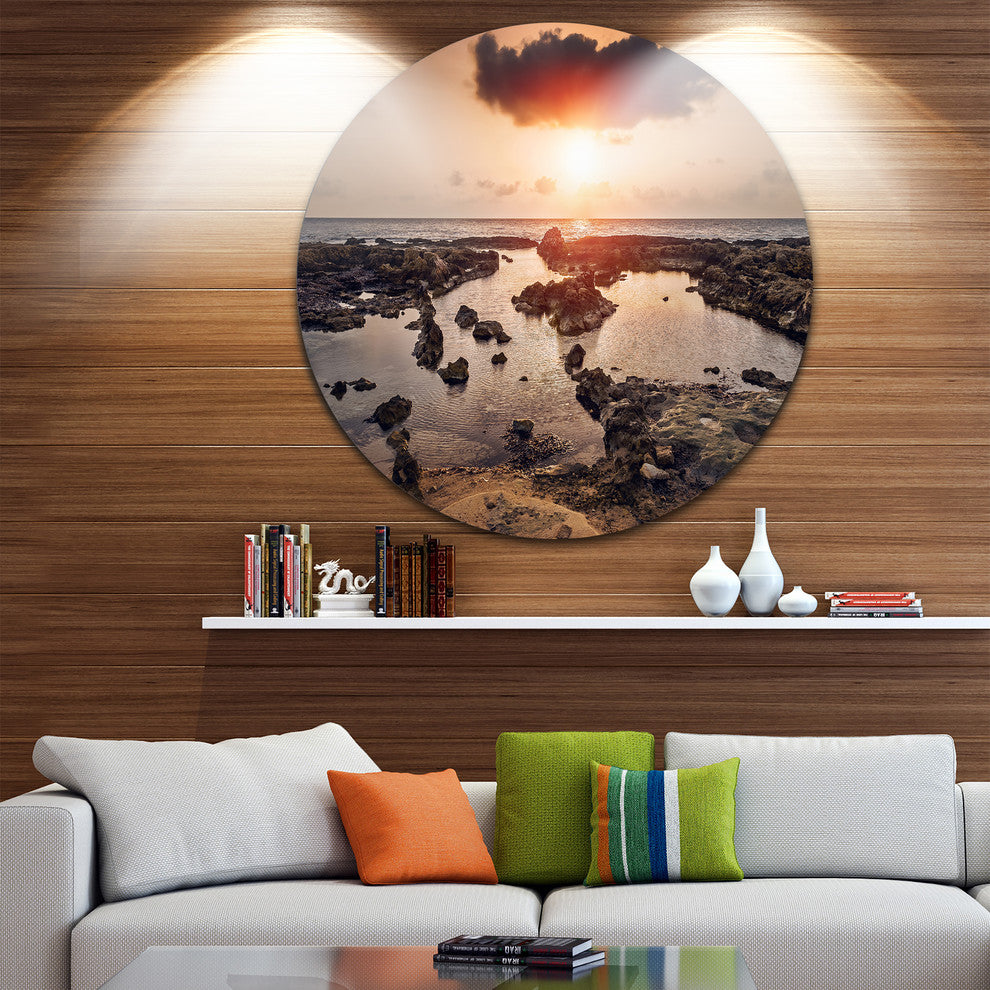 Rocky Coastline Sunset Africa, Beach Round Metal Wall Art, 23"