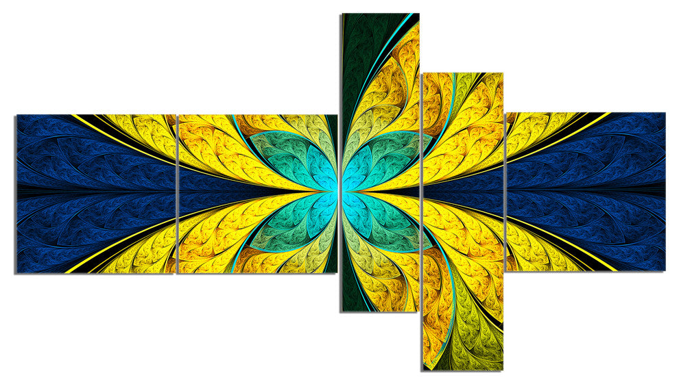 Bright Yellow Blue Fractal Flower, Floral Canvas Art Print, 60"x32", 5 panels