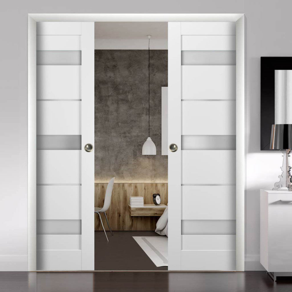 Double Pocket Doors 84x96|Frames|Quadro 4055 White Silk|Frosted Opaque Glass