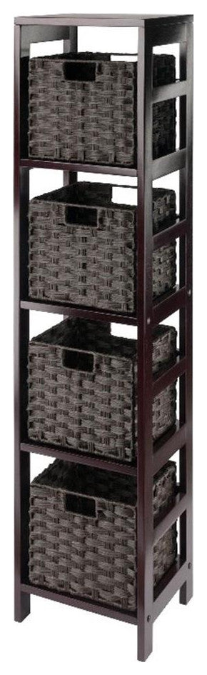 Leo 5-PieceStorage Shelf With 4 Foldable Woven Baskets, Espresso and Chocolate