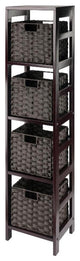 Leo 5-PieceStorage Shelf With 4 Foldable Woven Baskets, Espresso and Chocolate
