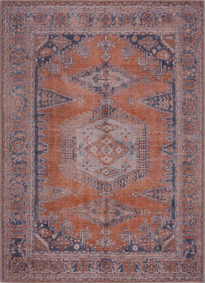 Hauteloom Burnt Orange Taber Medallion Washable Area Rug, Blue, Burnt Orange, Pale Blue/Taber, 7'10"x10'2"