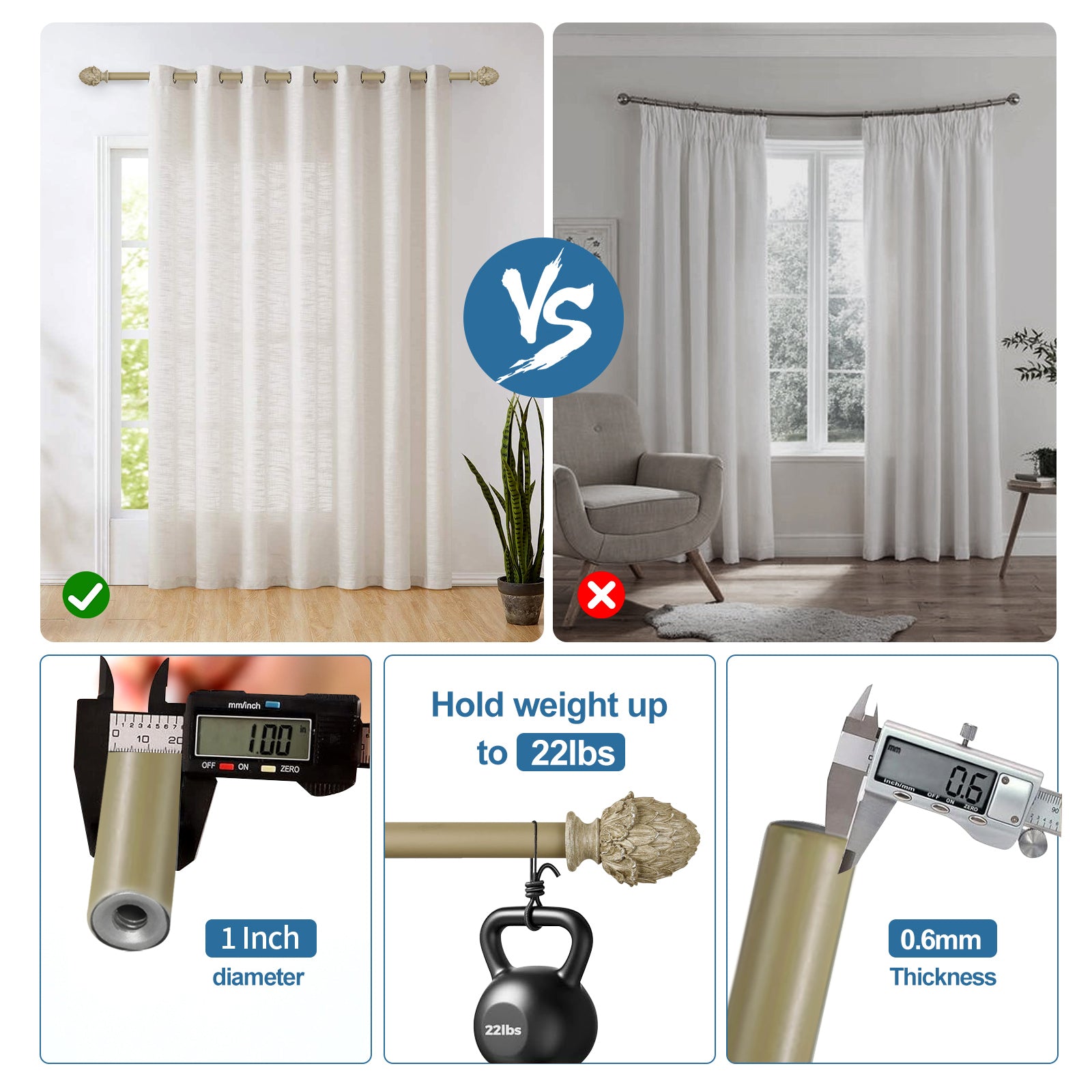 1" Diameter Artichoke Curtain Rod, 48"-84", Cottage
