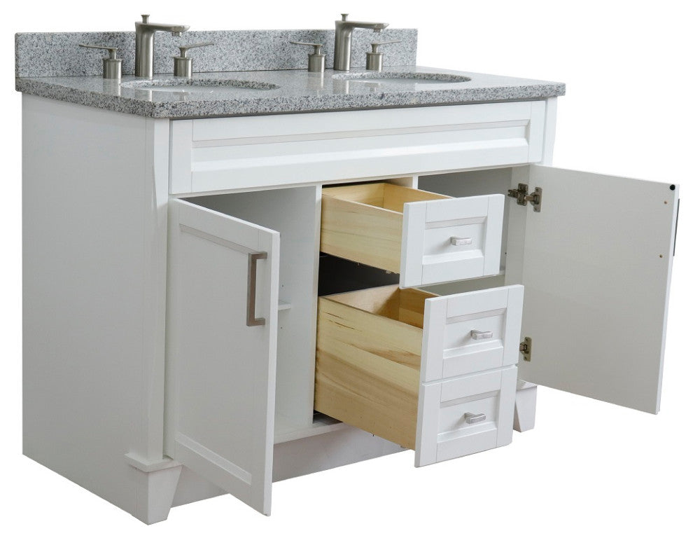 48" Double Sink Vanity, White Finish With Gray Granite And Oval Sink