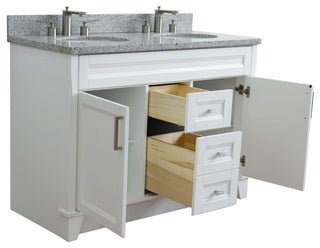 48" Double Sink Vanity, White Finish With Gray Granite And Oval Sink