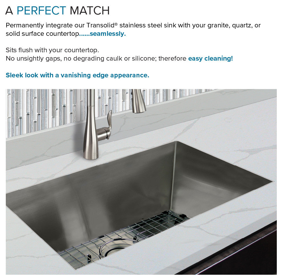 Transolid 29"x18" Rimless Single Bowl Kitchen Sink, Stainless
