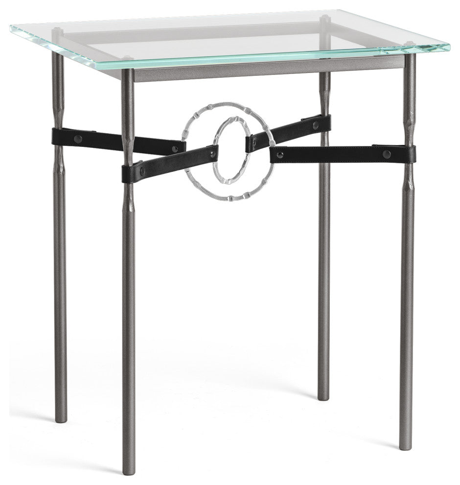 Equus Side Table, Dark Smoke Finish, Sterling Accents, Black Leather Strap