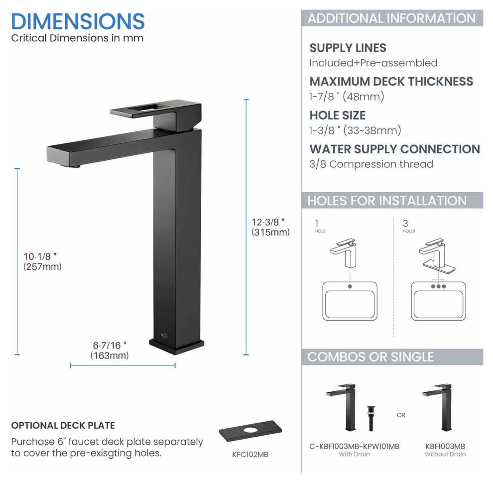 Cubic Single Handle Vessel Sink Faucet KBF1003, Matte Black, W/ Drain