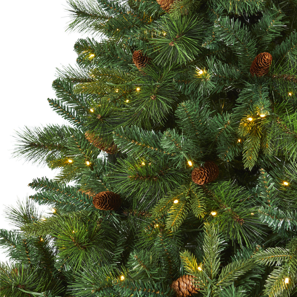 7.5' West Virginia Full Bodied Mixed Pine Faux Xmas Tree W/ Lights & Pinecones