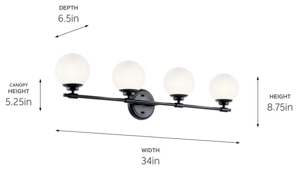 Benno 34" 4 Light Vanity With Opal Glass, Black