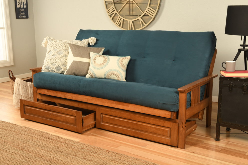 Caleb Frame Futon With Barbados Finish, Storage Drawers, Suede Blue