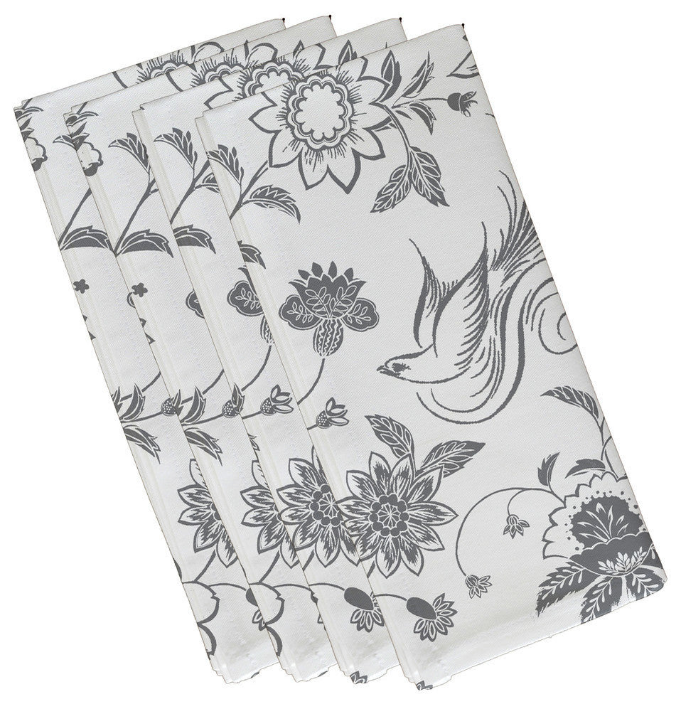 Traditional Bird Floral, Floral Print Napkin, Gray, Set of 4