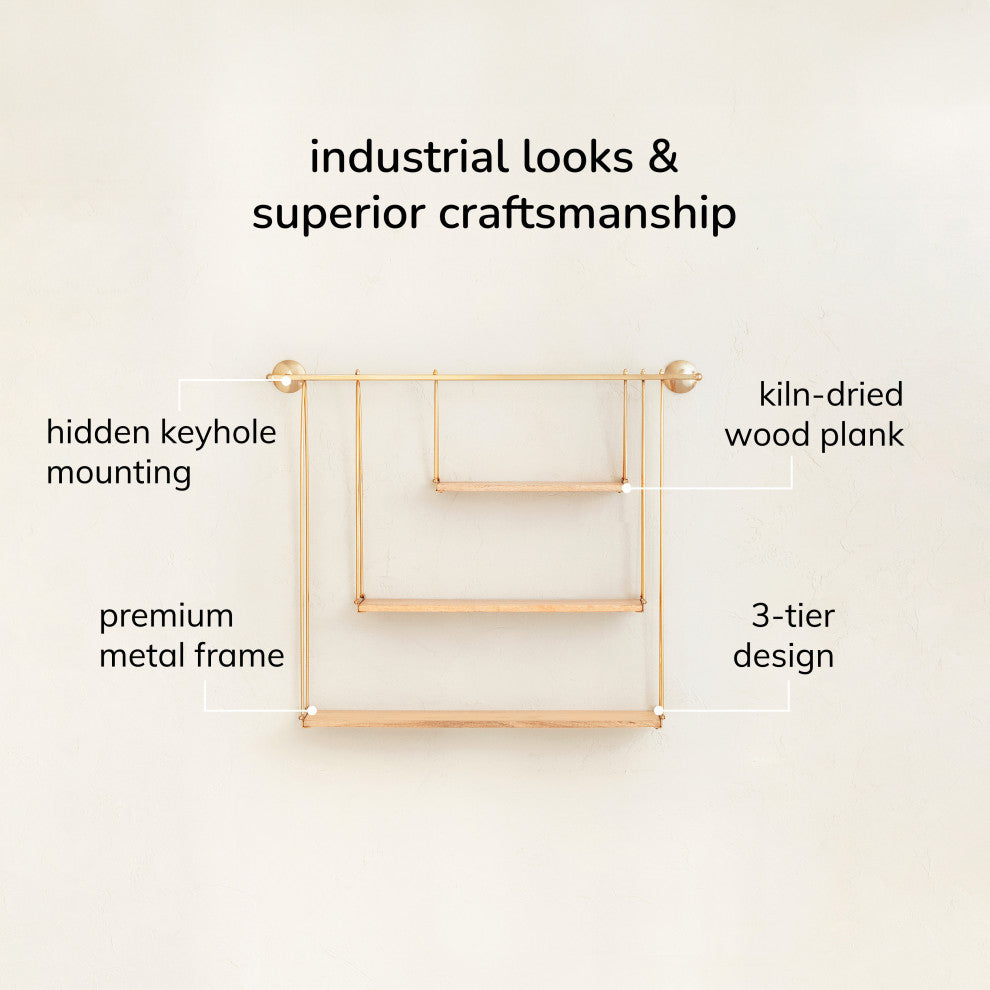 Luna Three Tier Wall Mounted Shelf, Gold, Natural Wood