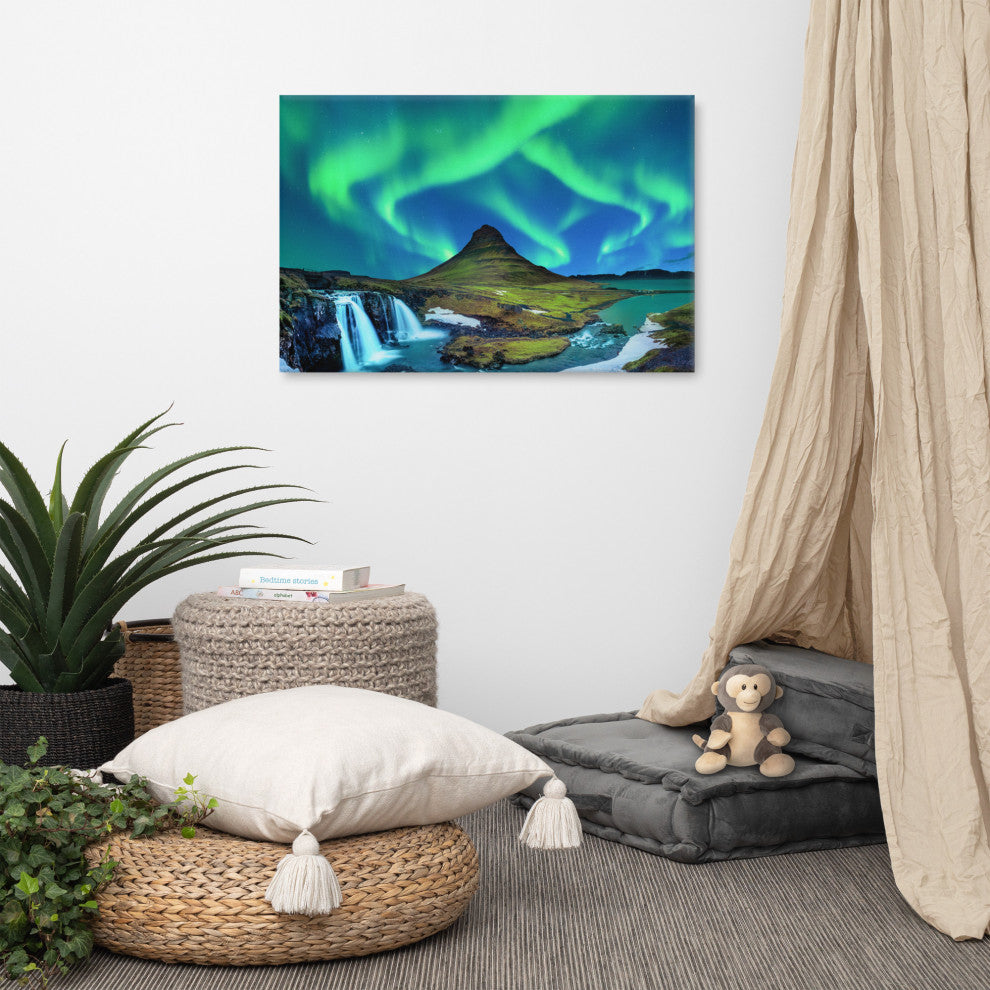 Winter Mountain Northern Lights Landscape Photo Canvas Wall Art Prints, 24" X 36"
