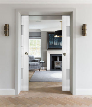 Interior Double Pocket Doors 48x80 in Opaque Glass | Sete 6933 White Silk