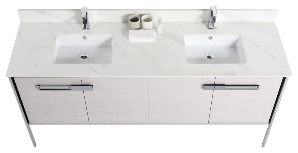 Oakville Bath Vanity, Ceramic Sink, Mild Grey Oak, 72 Inch, Chrome Hardware