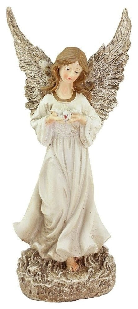 12.5" Ivory and Gold Serene Angel With Dove Patio Garden Statue