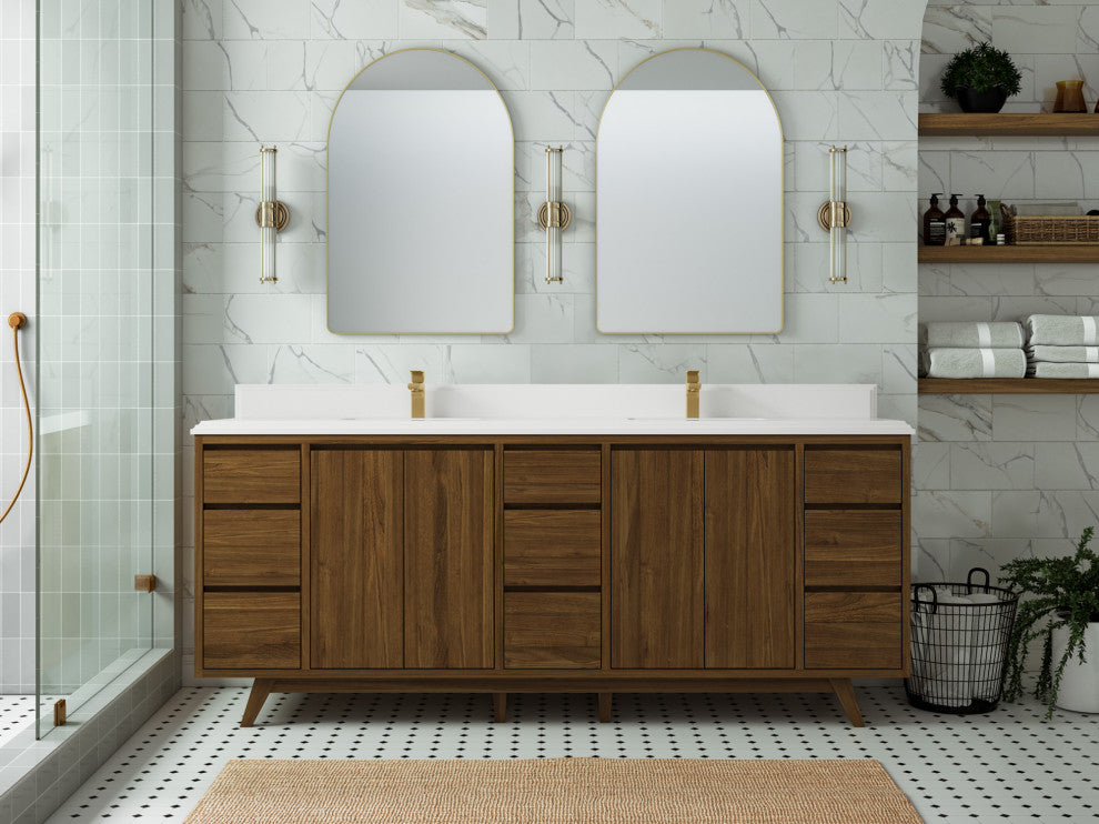 Madison Teak 84 Double Sink Bath Vanity in Dark Natural 1.5" White Quartz