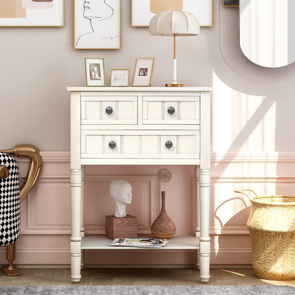 TATEUS Modern Narrow Console Table With Three Storage Drawers, Ivory White