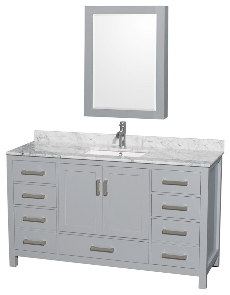 Wyndham WCS141460SGYCMUNSMED 60" Vanity in Gray + Carrera Marble and Square Sin