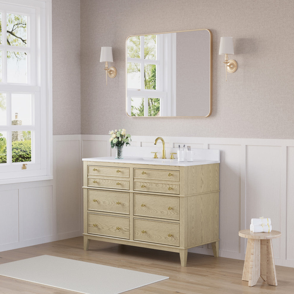 Oak Solid Wood Bath Vanity with White Quartz Top, Soft-Close, CUPC Certified, 48"