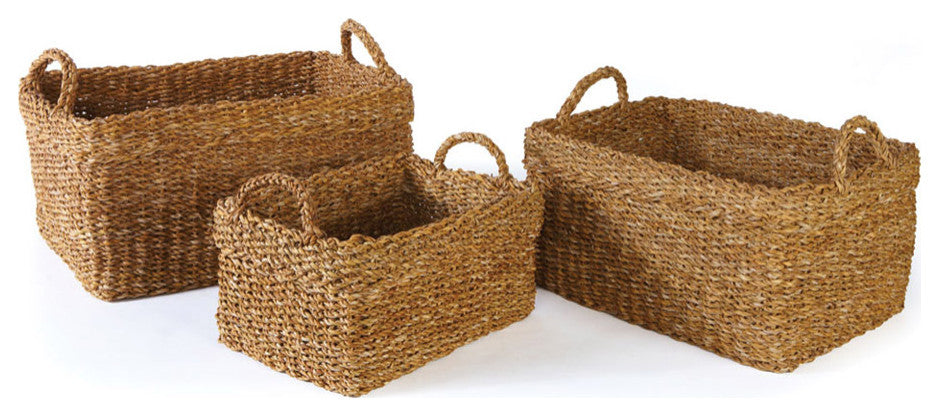Seagrass Rectangular Baskets With Cuffs, Set of 3