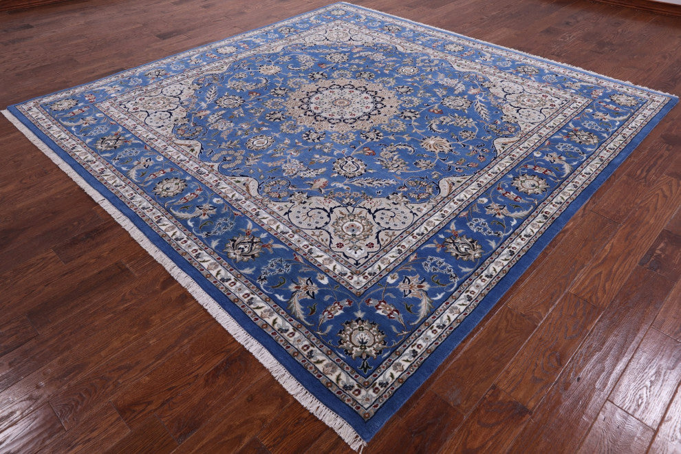 9' Square Persian Nain Handmade Wool and Silk Rug Q6139