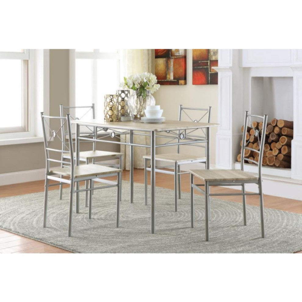 5 Piece Rectangular Dining Set Brushed Silver and Taupe
